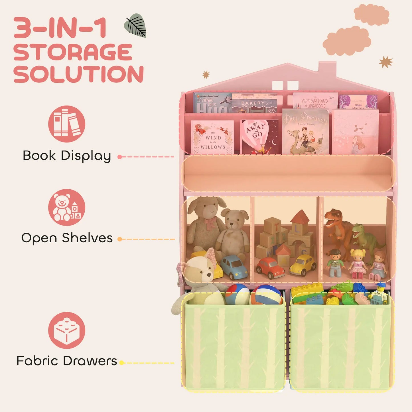 AIYAPLAY Kids Bookshelf with Toy Storage, Book Shelves and Fabric Drawers for Playroom, Pink
