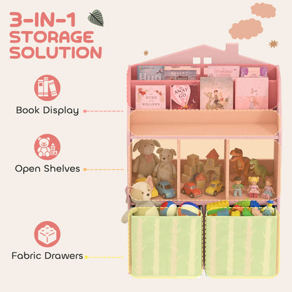 AIYAPLAY Kids Bookshelf with Toy Storage, Book Shelves and Fabric Drawers for Playroom, Pink