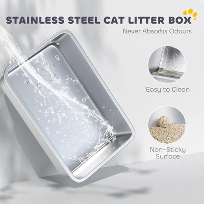 PawHut XL Stainless Steel Cat Litter Box with High Sides & Metal Scoop