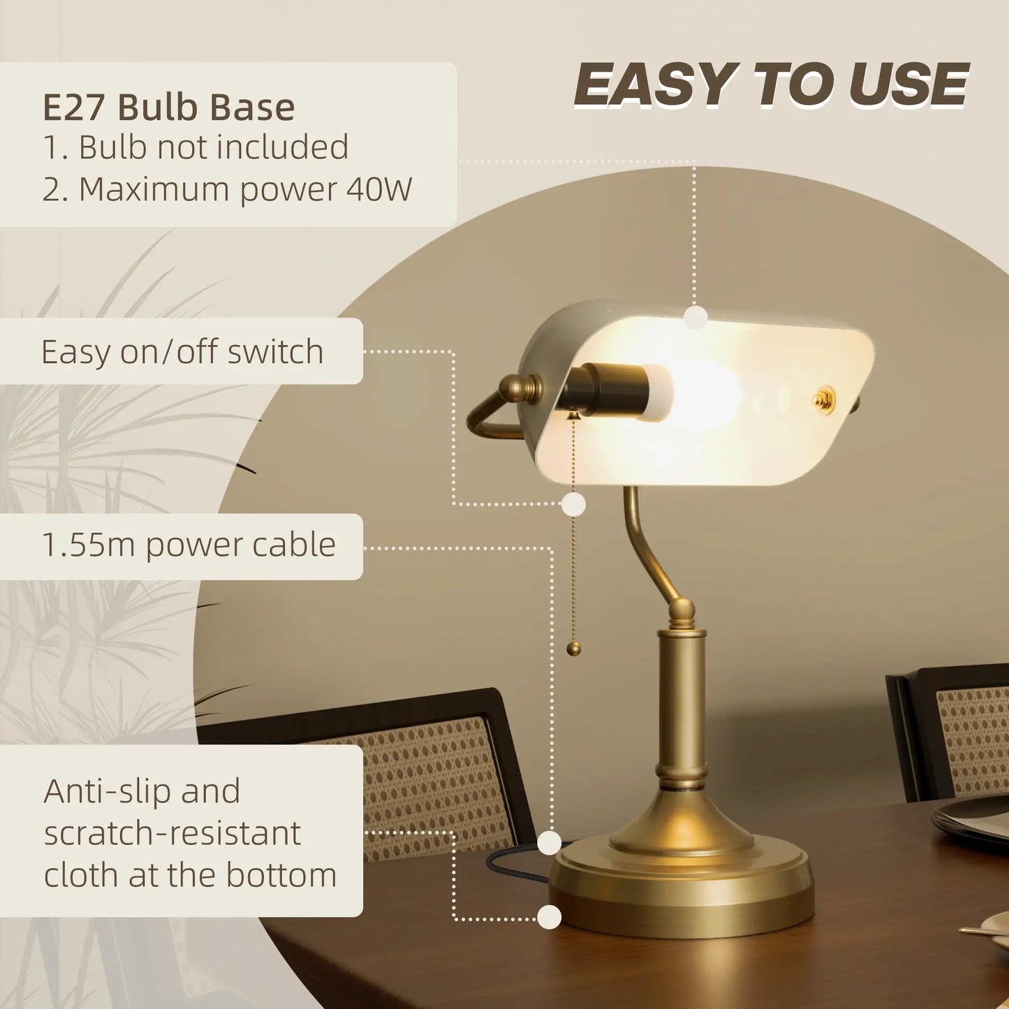 HOMCOM Banker's Desk Lamp with Antique Bronze Tone Base, Table Lamp with White Glass Shade for Home Office