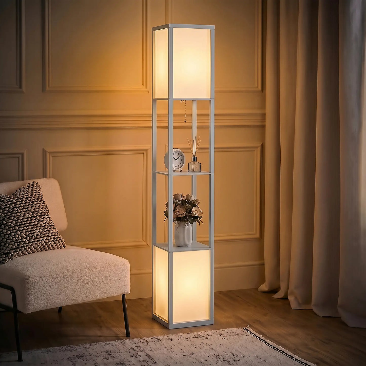 HOMCOM Modern Standing Shelf Floor Lamp with Dual Ambient Light, Living Room, Bedroom, Grey