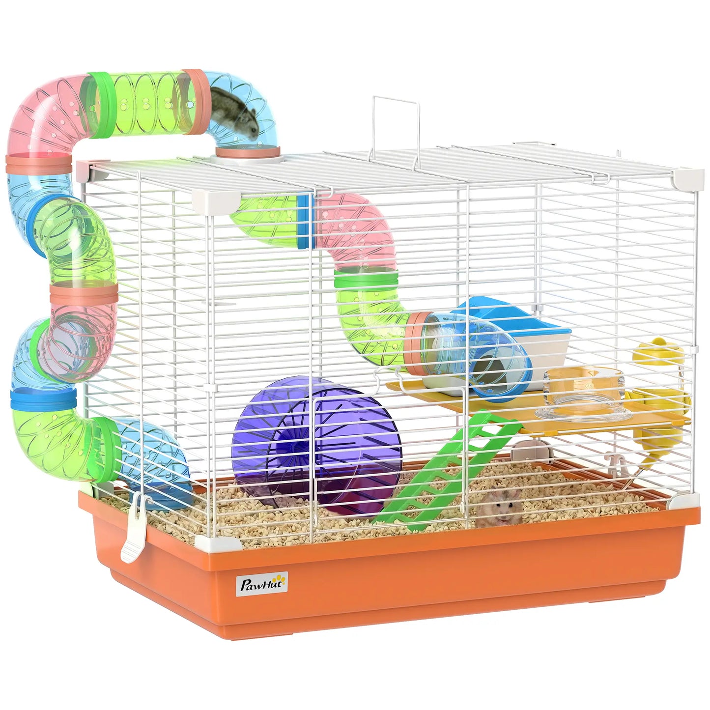 PawHut 2 Tier Hamster Cage, Gerbil Cage with Handle, Exercise Wheels, Tunnel, Water Bottle, Ladder for Dwarf