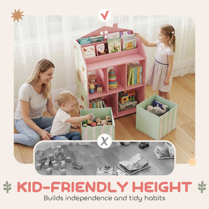 AIYAPLAY Kids Bookshelf with Toy Storage, Book Shelves and Fabric Drawers for Playroom, Pink