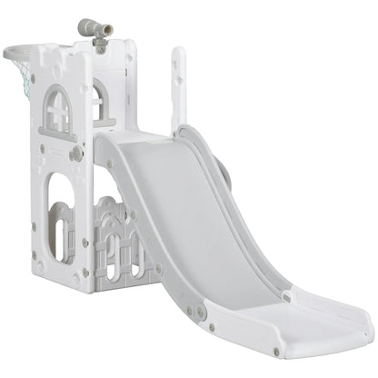 AIYAPLAY 4 in 1 Toddler Slide with Basketball Hoop, Climber, Telescope, Storage Basket, 1-3 Years, Grey