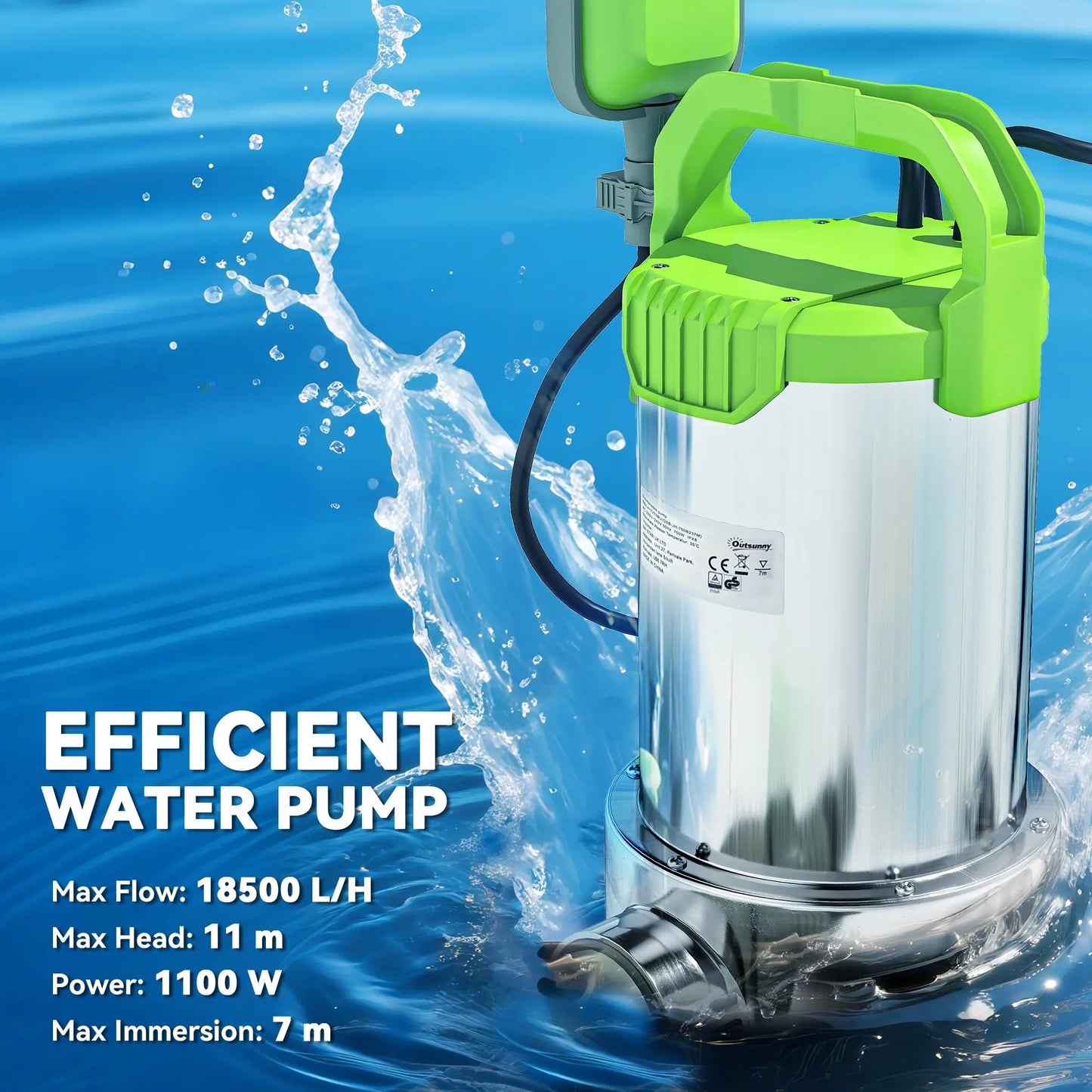 Outsunny 1100W Submersible Electric Water Sump Pump for Dirty/Clean Water with Portable and Lightweight, Green