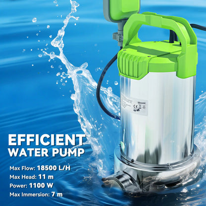 Outsunny 1100W Submersible Electric Water Sump Pump for Dirty/Clean Water with Portable and Lightweight, Green