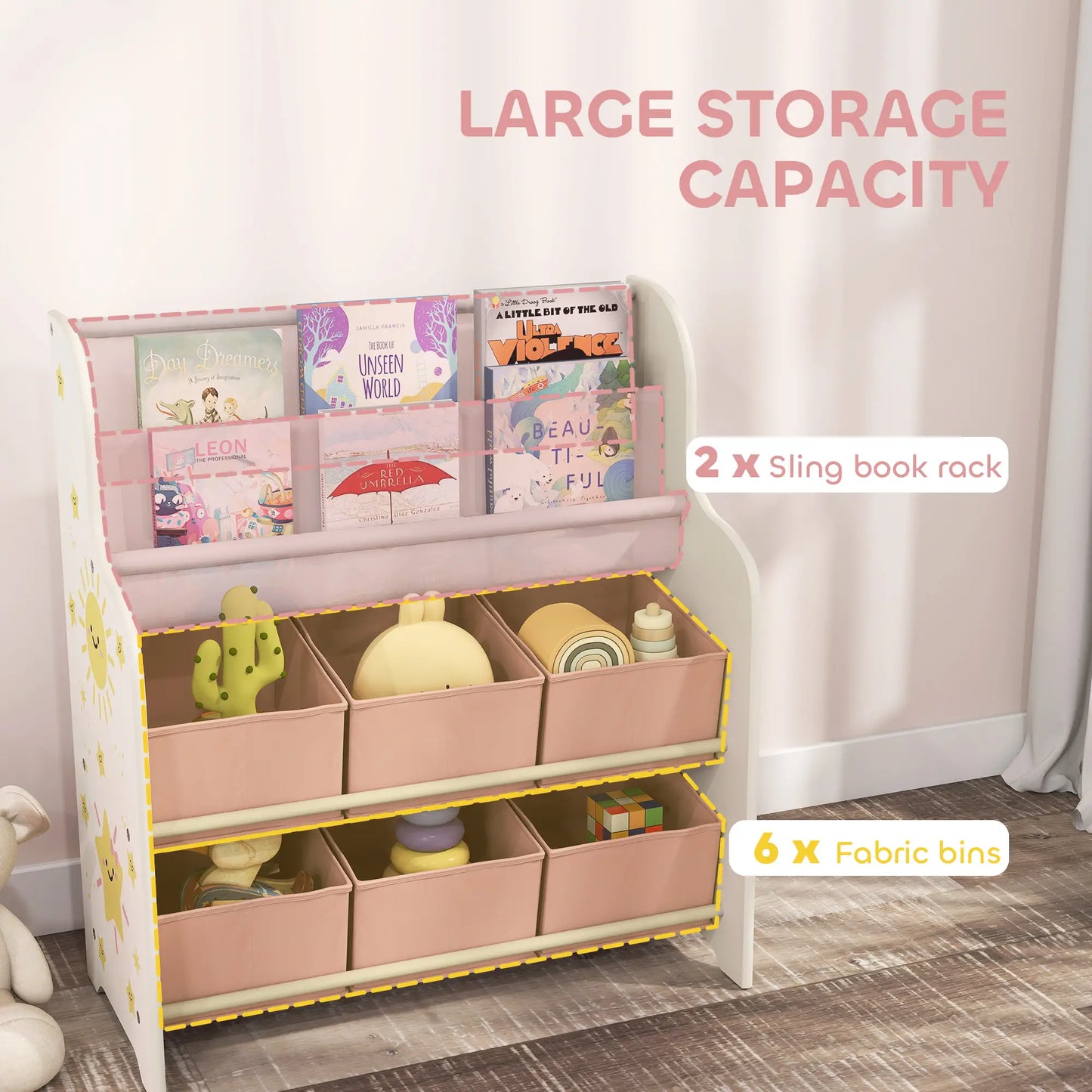 AIYAPLAY Kids Storage Unit, Toy Organiser with 6 Fabric Drawers and 2-Tier Sling Book Rack for Bedroom, Playroom, Pink