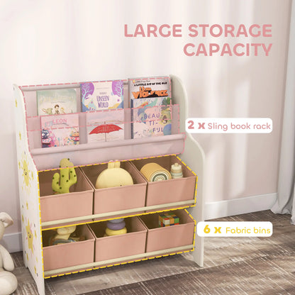 AIYAPLAY Kids Storage Unit, Toy Organiser with 6 Fabric Drawers and 2-Tier Sling Book Rack for Bedroom, Playroom, Pink