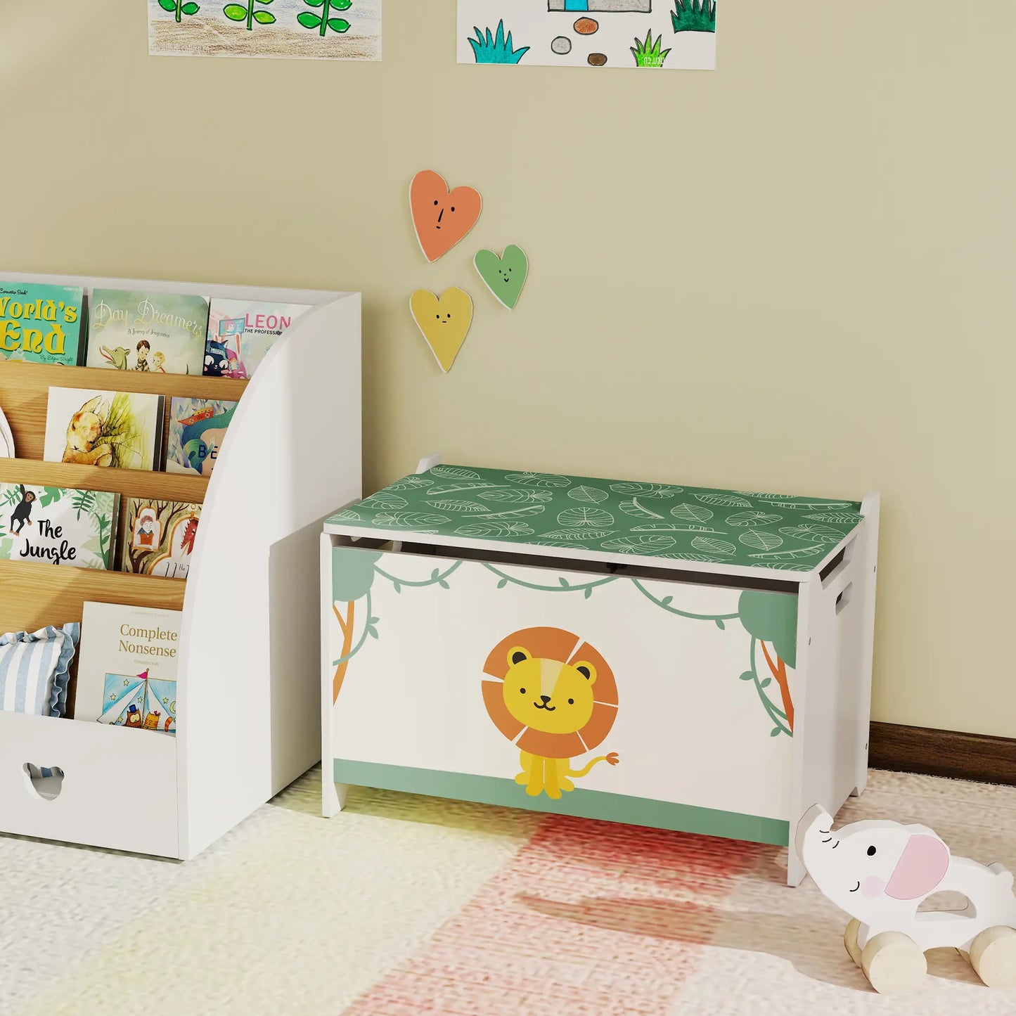 AIYAPLAY Toy Storage Organiser Box with Lid, Safety Hinges and Groove Handles for Kids, Playroom, Green