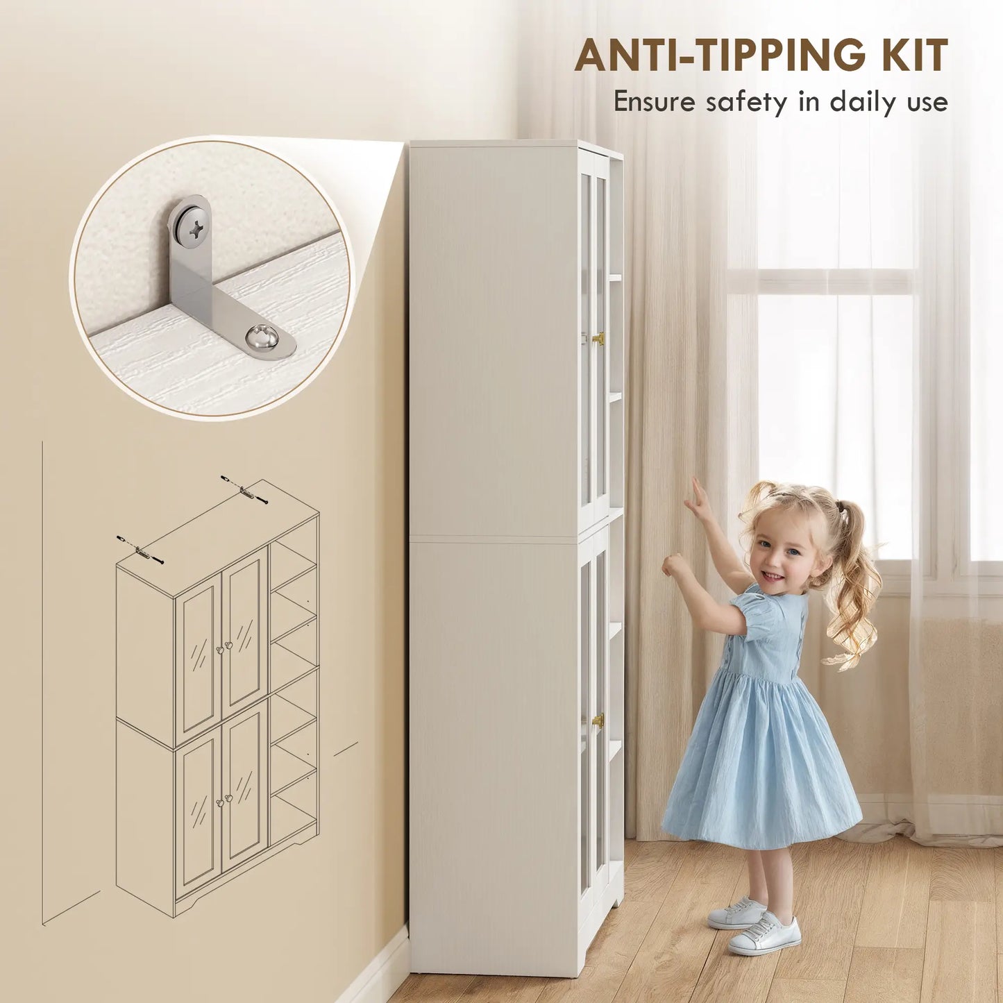 HOMCOM Multi-Storage Kitchen Cabinet, with Glass Doors - White Wood-Effect