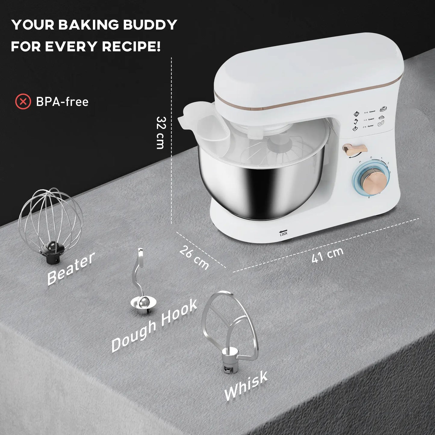 HOMCOM Stand Mixer, 5L Electric Kitchen Food Mixer 1400W with 6 Speeds & Pulse Setting, White
