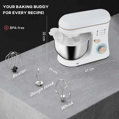 HOMCOM Stand Mixer, 5L Electric Kitchen Food Mixer 1400W with 6 Speeds & Pulse Setting, White