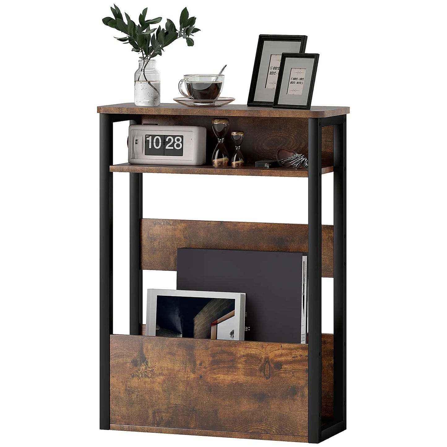 HOMCOM Industrial-Style Side Table, Wood-Effect Bedside Table with Metal Frame - Black/Brown