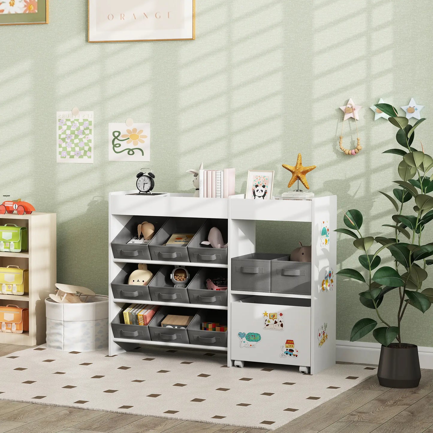 AIYAPLAY Kids Toy Storage Unit with 11 Bins, Cabinet, Top Shelves, 3 Stickers for Nursery, Playroom, White