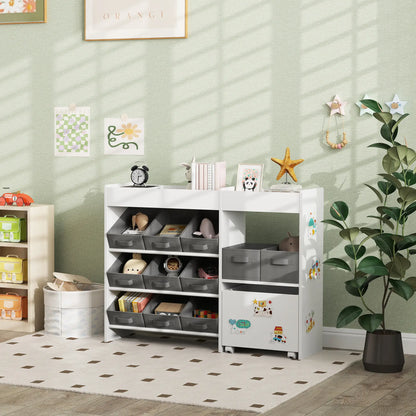 AIYAPLAY Kids Toy Storage Unit with 11 Bins, Cabinet, Top Shelves, 3 Stickers for Nursery, Playroom, White