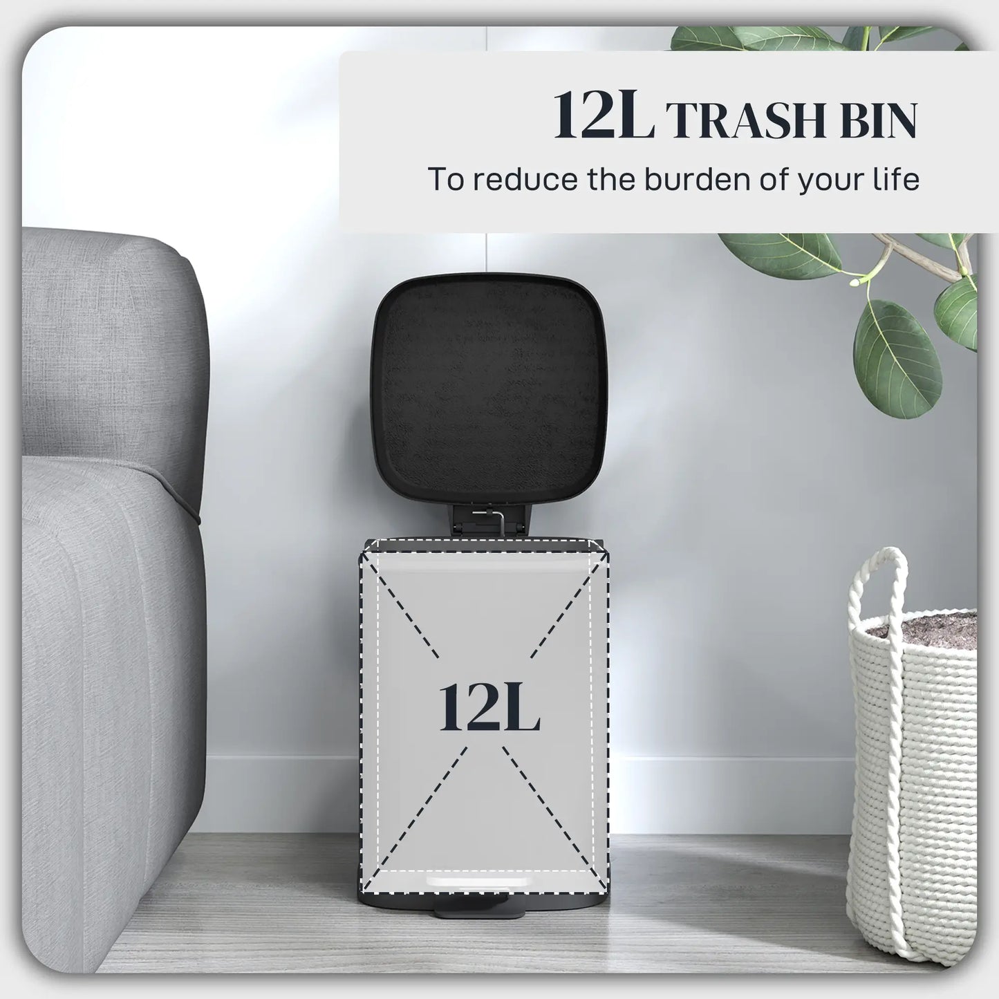 HOMCOM 12L Modern Boxy Metal Home Small Waste Kitchen Bin with Removable Bucket- Black