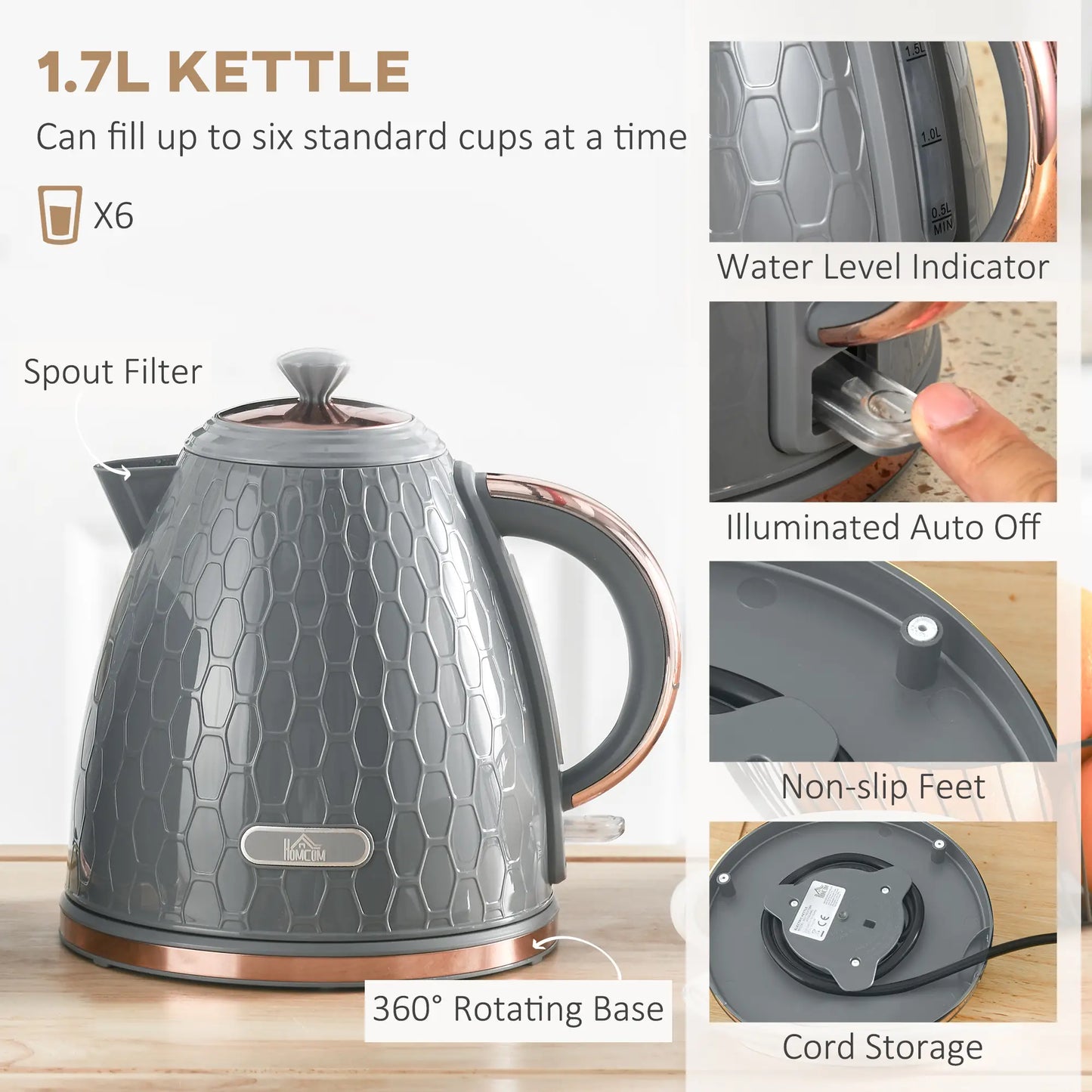 HOMCOM 1.7L 3000W Fast Boil Kettle & 4 Slice Toaster Kitchen Set with 7 Browning Controls, Crumb Tray, Grey