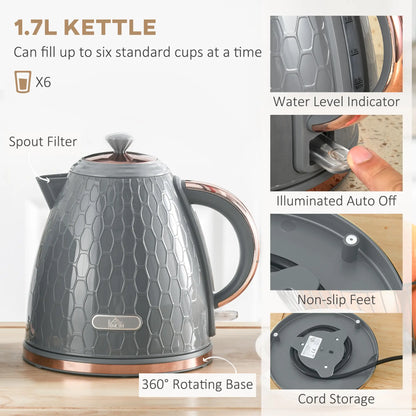 HOMCOM 1.7L 3000W Fast Boil Kettle & 4 Slice Toaster Kitchen Set with 7 Browning Controls, Crumb Tray, Grey