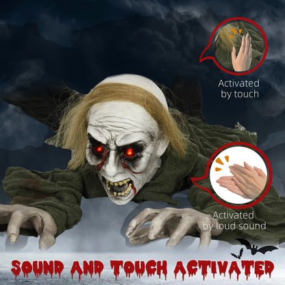 HOMCOM Outdoor Halloween Decoration Crawling Zombie, Animated Prop Decor with Sound, Light Up Eyes
