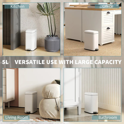 HOMCOM 5L Rectangular Compact Bin Steel Body Removable Bucket w/ Pedal Lid Rubbish Trash Tidy Clean White