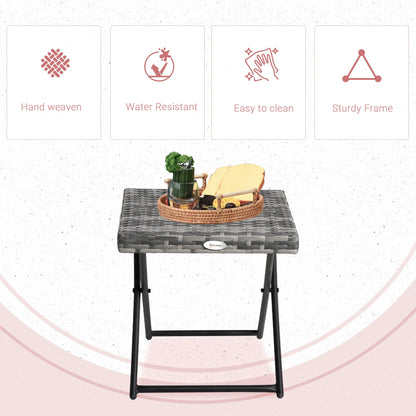 Outsunny Square PE Wicker Weave Rattan Folding Table, Weather Resistant Side Table with Steel Frame, Grey