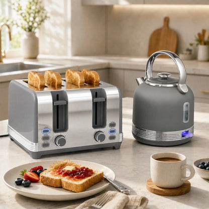 HOMCOM Stainless Steel Fast Boil Cordless Kettle and 4 Slice Toaster Kitchen Set, 1.7L 3000W, Grey