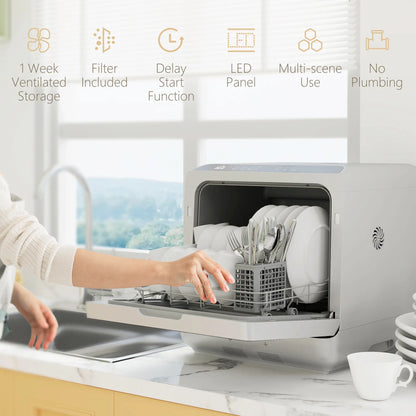 HOMCOM Table Top Dishwasher with Built-in 6L Water Tank, Mini Countertop Dishwasher with 6 Programs, Silver Tone