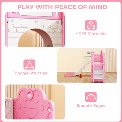 AIYAPLAY 7 in 1 Toddler Slide Set with Basketball Hoop, Climbing Frame, Telescope, Drawing Board, Storage Box, Pink