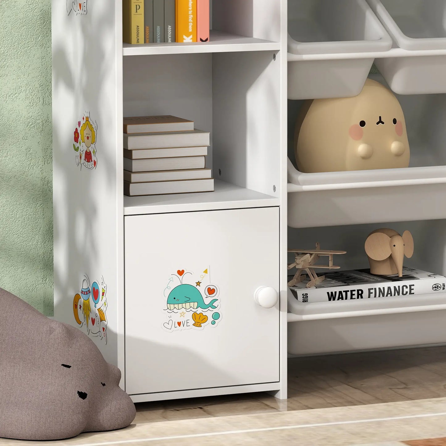 AIYAPLAY Kids Toy Organizers with 8 Removable Storage Bins and Bookshelf, White
