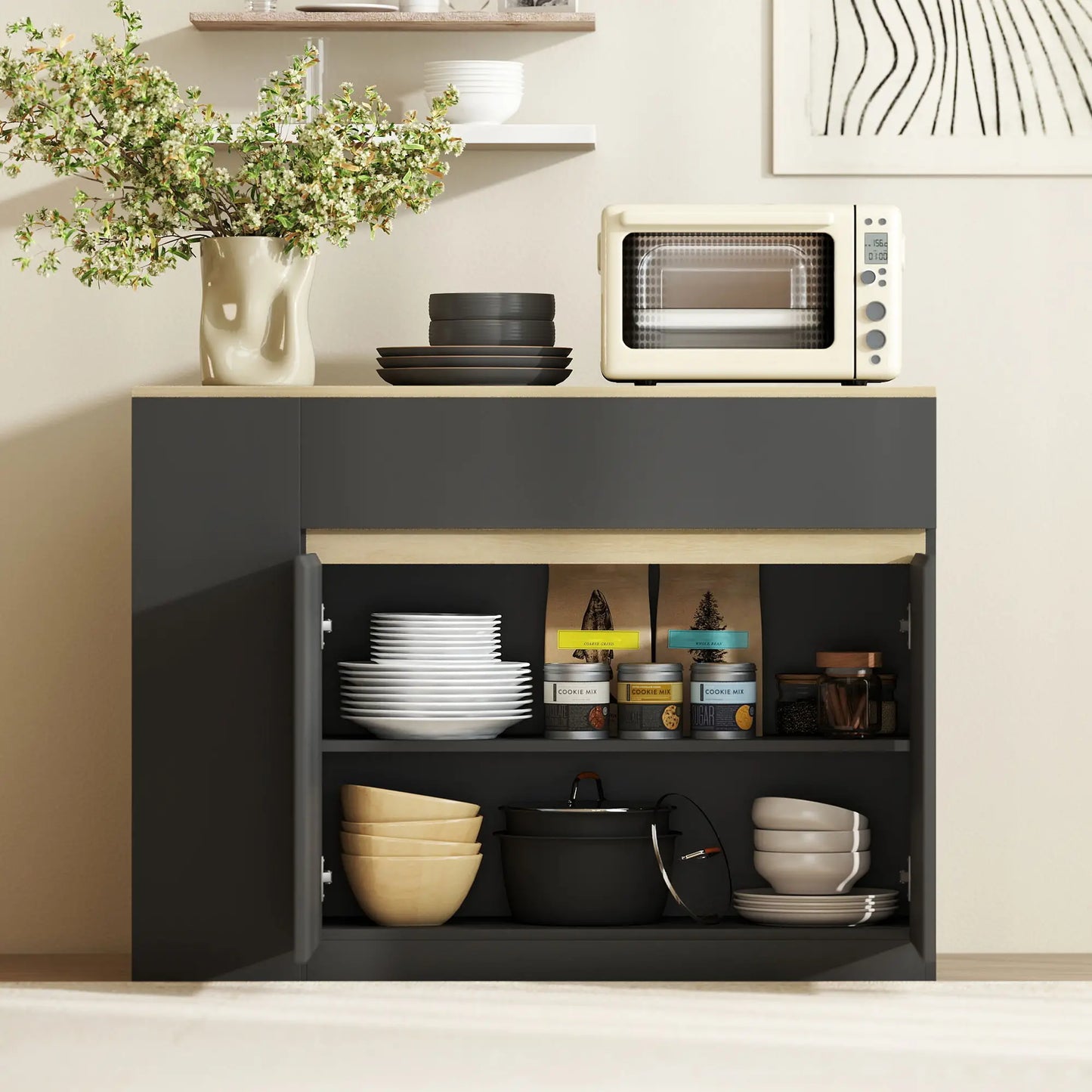 HOMCOM Sideboard, Storage Cabinet with Adjustable Shelf, 2 Drawers, 3 Open Shelves, Black