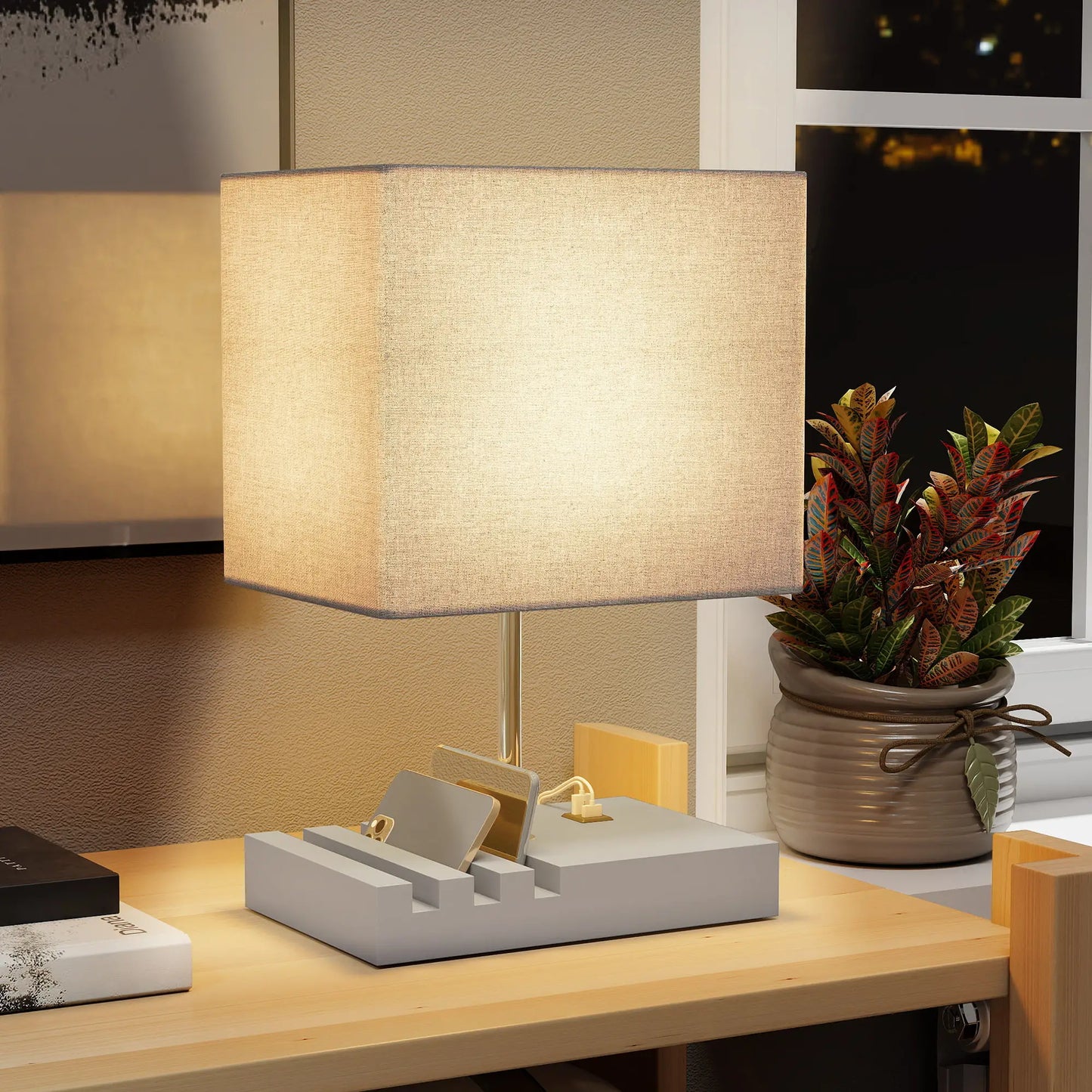 HOMCOM Bedside Lamp with USB A+C Charging Ports & 3 Phone Stands, Table Lamp with Wood Base, Grey
