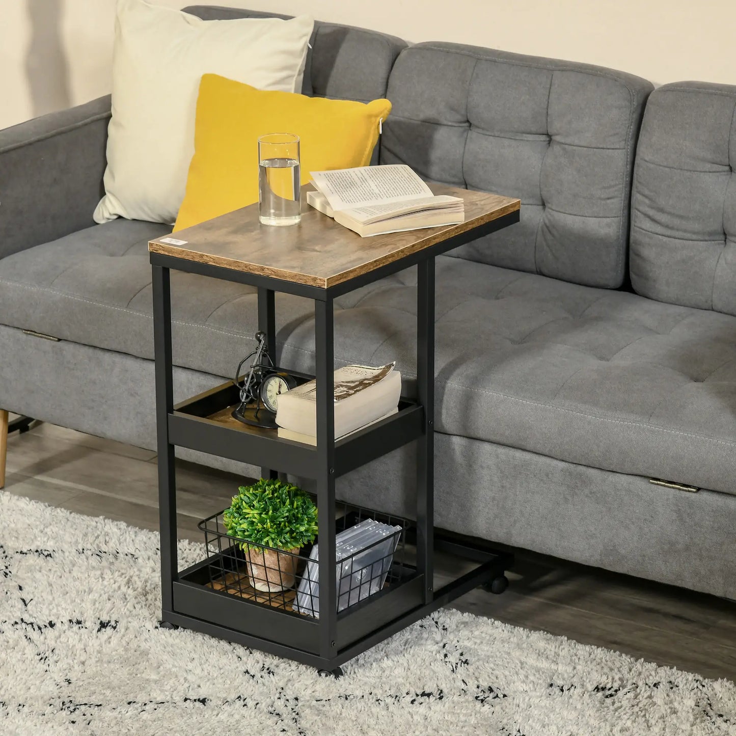 HOMCOM Industrial Mobile Sofa Side Table C-Shaped Rolling Couch Table with 3-Tier Storage Shelving Four Lockable Wheels - Brown
