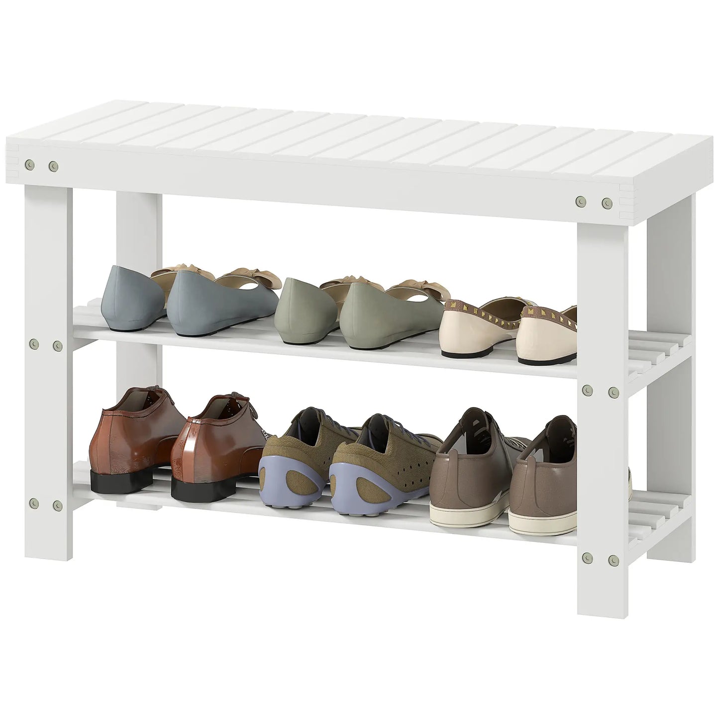 HOMCOM Two Shelf Bamboo Shoe Storage Bench Home Hallway Furniture - White