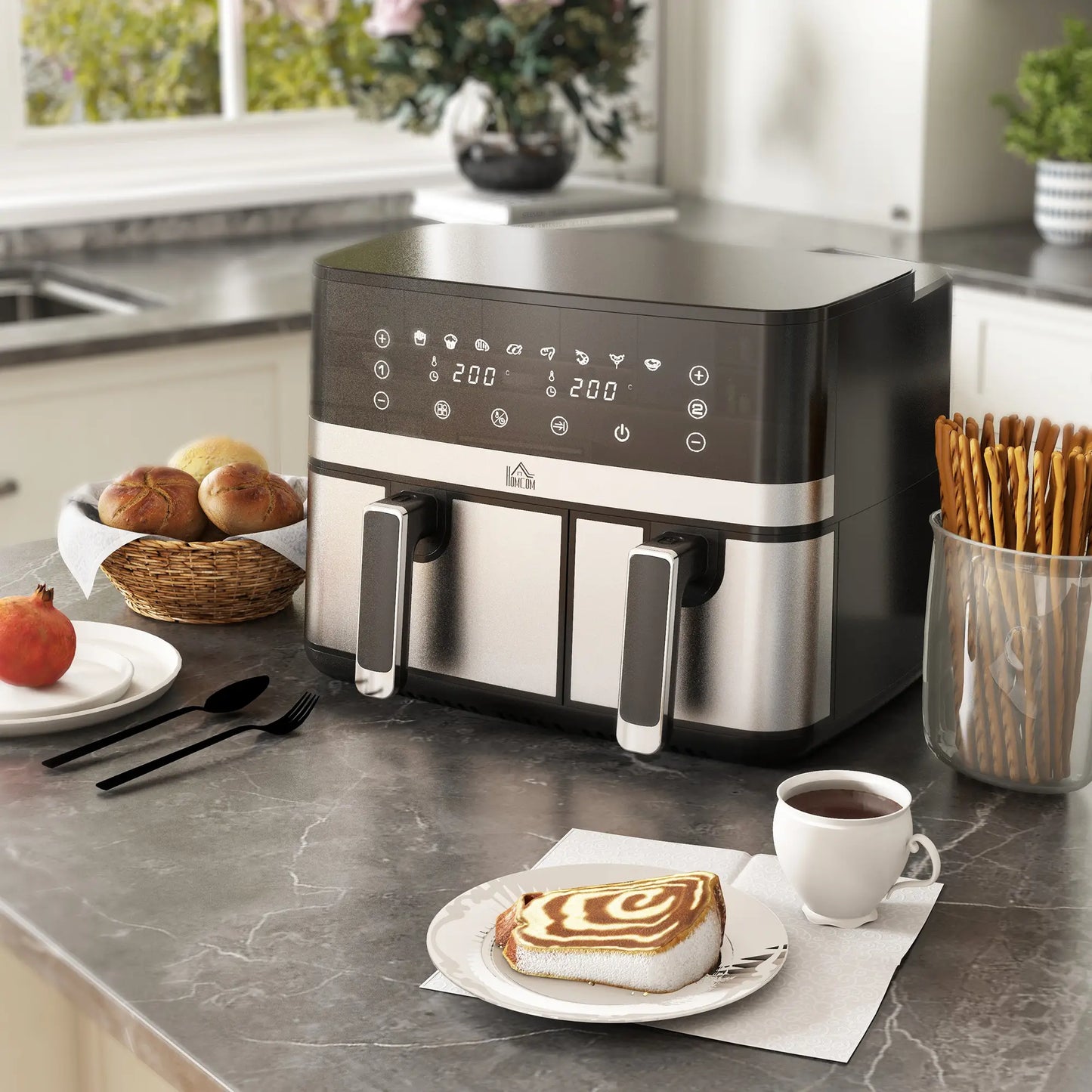 HOMCOM 8.5L Dual Basket Air Fryer, with Sync and Multi-Menu Kitchen Cooking