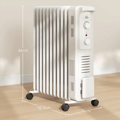 HOMCOM 2.5kW 11 Fin Oil-Filled Radiator, Portable Tower Heater, Auto Shut-Off - White