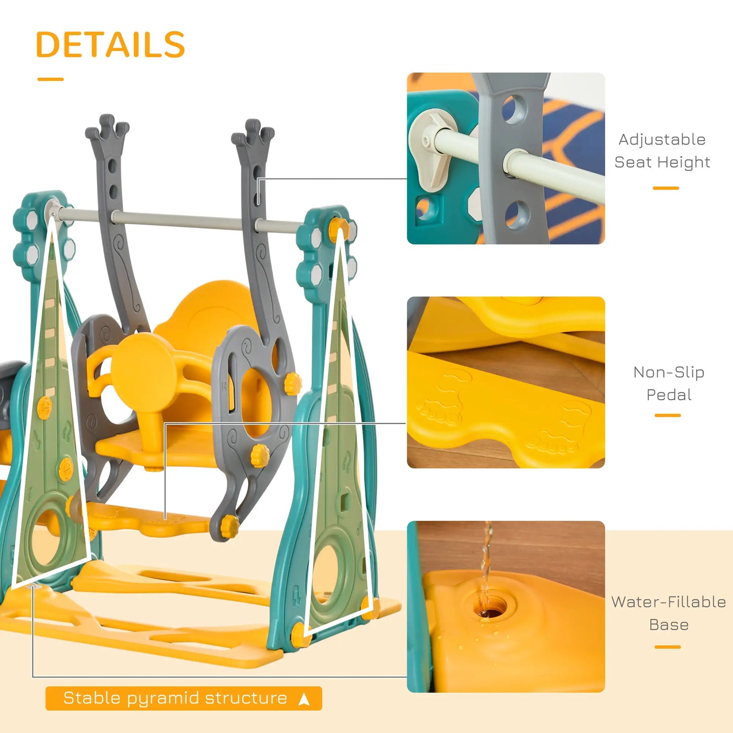 HOMCOM 3-IN-1 Kids Swing & Slide Set with Basketball Hoop Slide Swing Adjustable Seat Height Toddler Activity Indoor & Outdoor Play