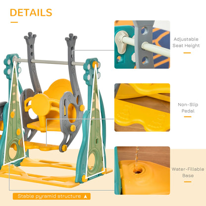 HOMCOM 3-IN-1 Kids Swing & Slide Set with Basketball Hoop Slide Swing Adjustable Seat Height Toddler Activity Indoor & Outdoor Play