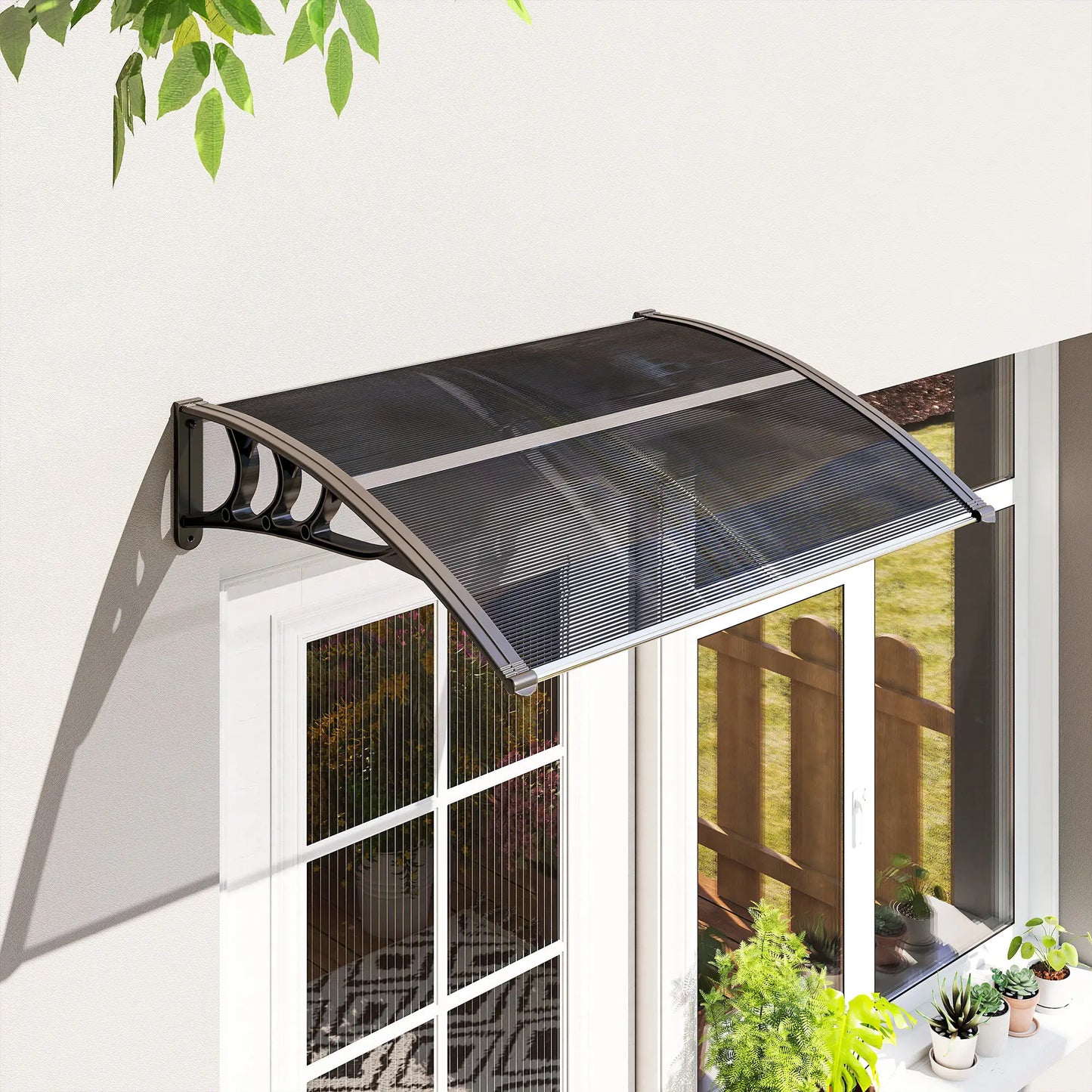 Outsunny Front Door Canopy Outdoor Awning Aluminium Rigid Plastic Polycarbonate Rain Shelter, Black