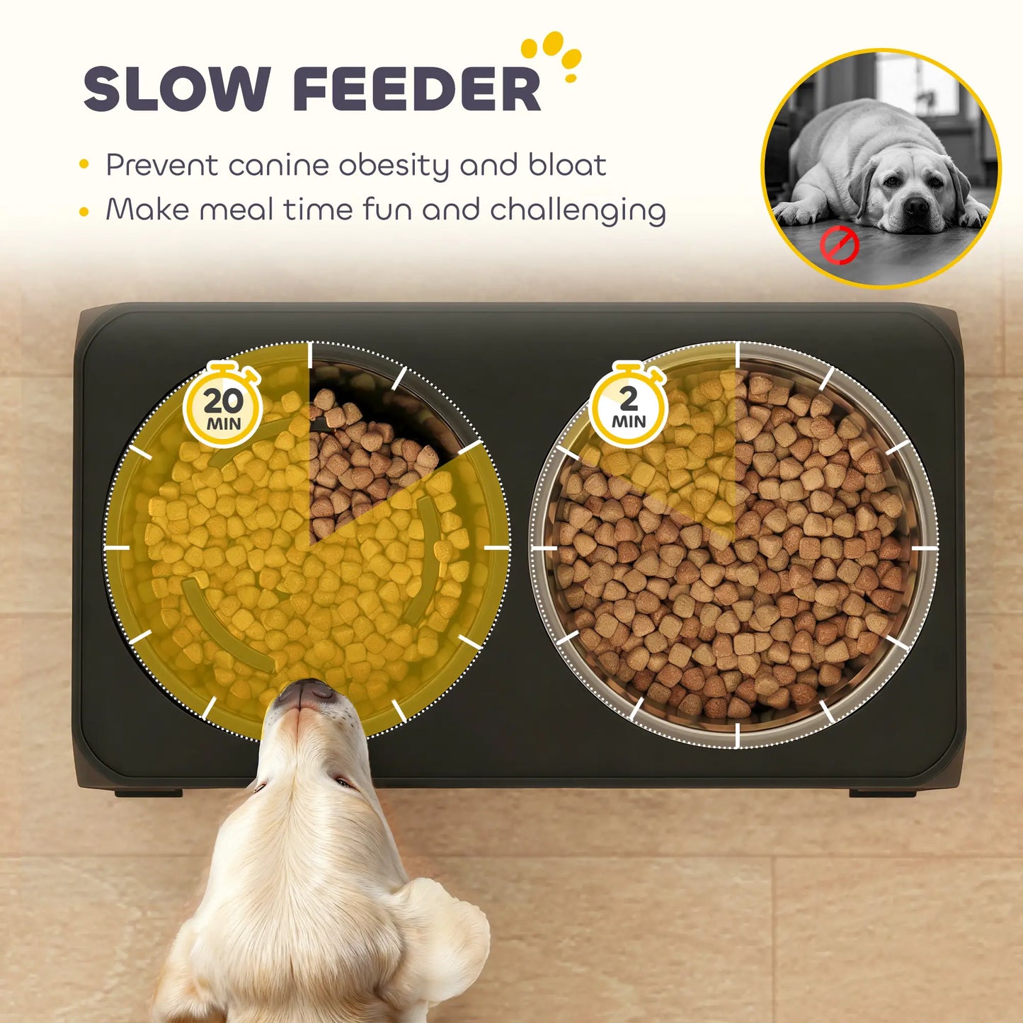 PawHut Raised Dog Bowl with Slow Feeder, 4 Adjustable Heights, Foldable Elevated for Small Medium Large Breeds