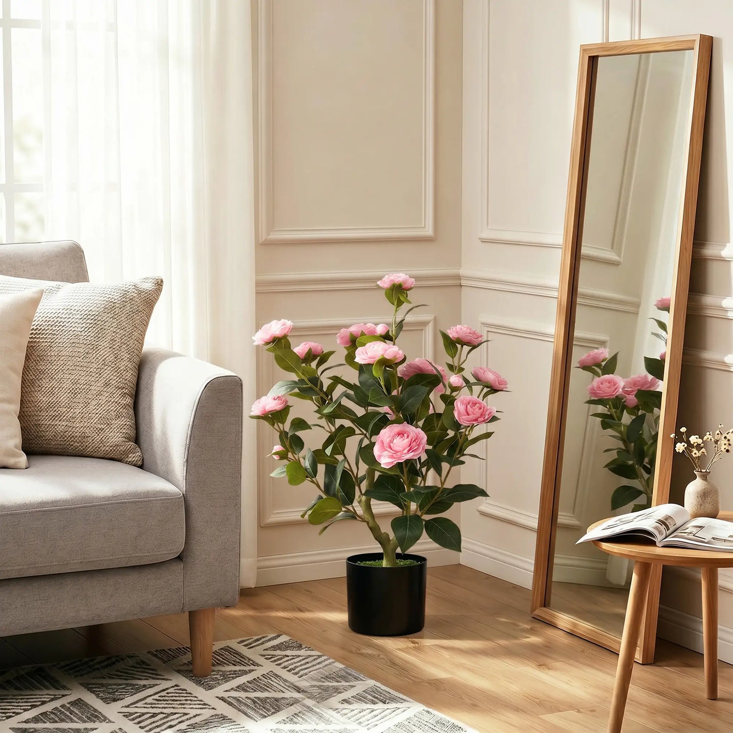HOMCOM Artificial Camellia Flower Plant in Pot with 116 Lush Leaves & Moss Effect, Pink