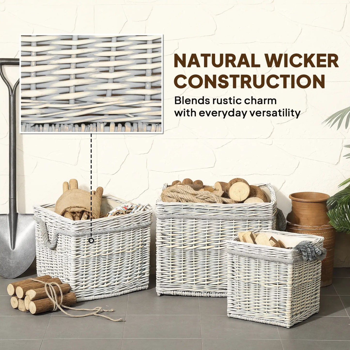 Outsunny Set of 3 Log Baskets for Wood Burner Indoor, Storage Wicker Basket with Rope Handles, Beige