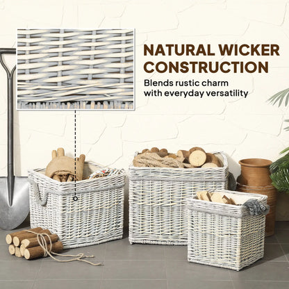 Outsunny Set of 3 Log Baskets for Wood Burner Indoor, Storage Wicker Basket with Rope Handles, Beige
