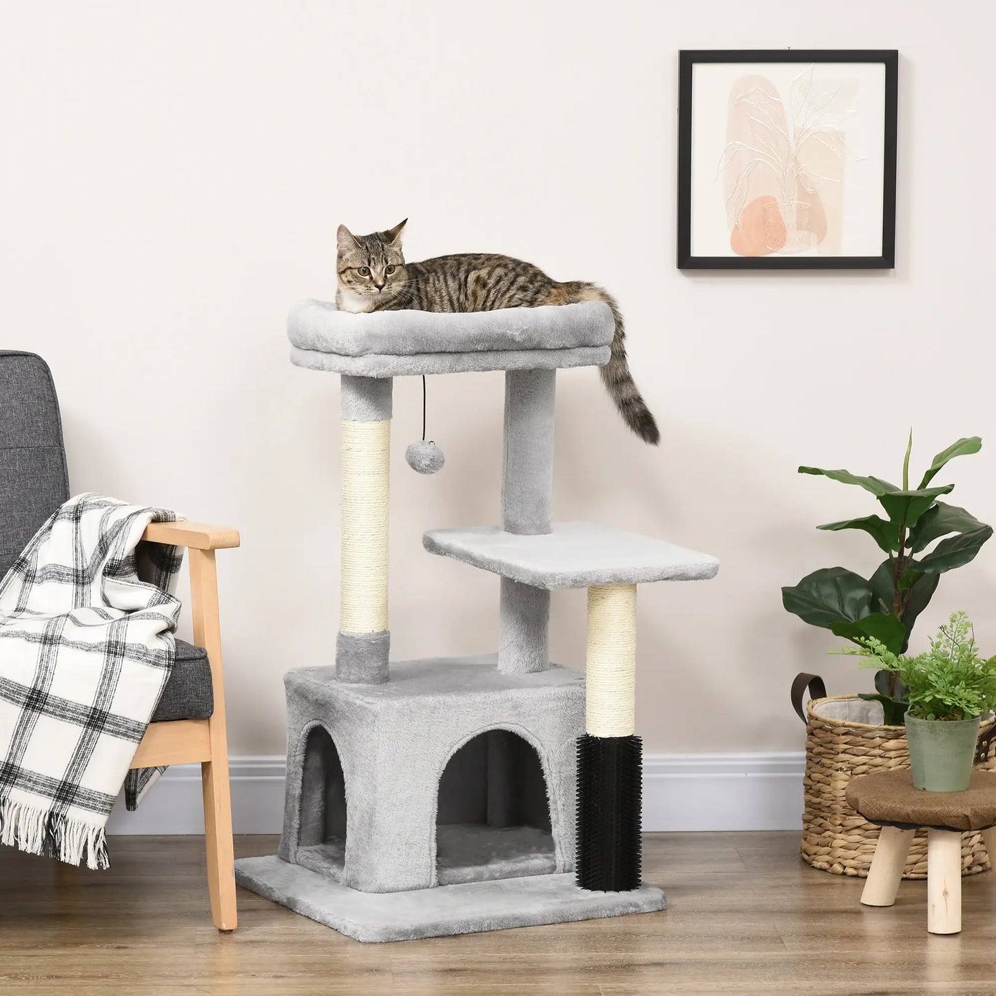 PawHut Cat Tree for Indoor Cats Climbing Tower Kitten Scratch Post Activity Center Kitten with Massage Toy Hanging Ball
