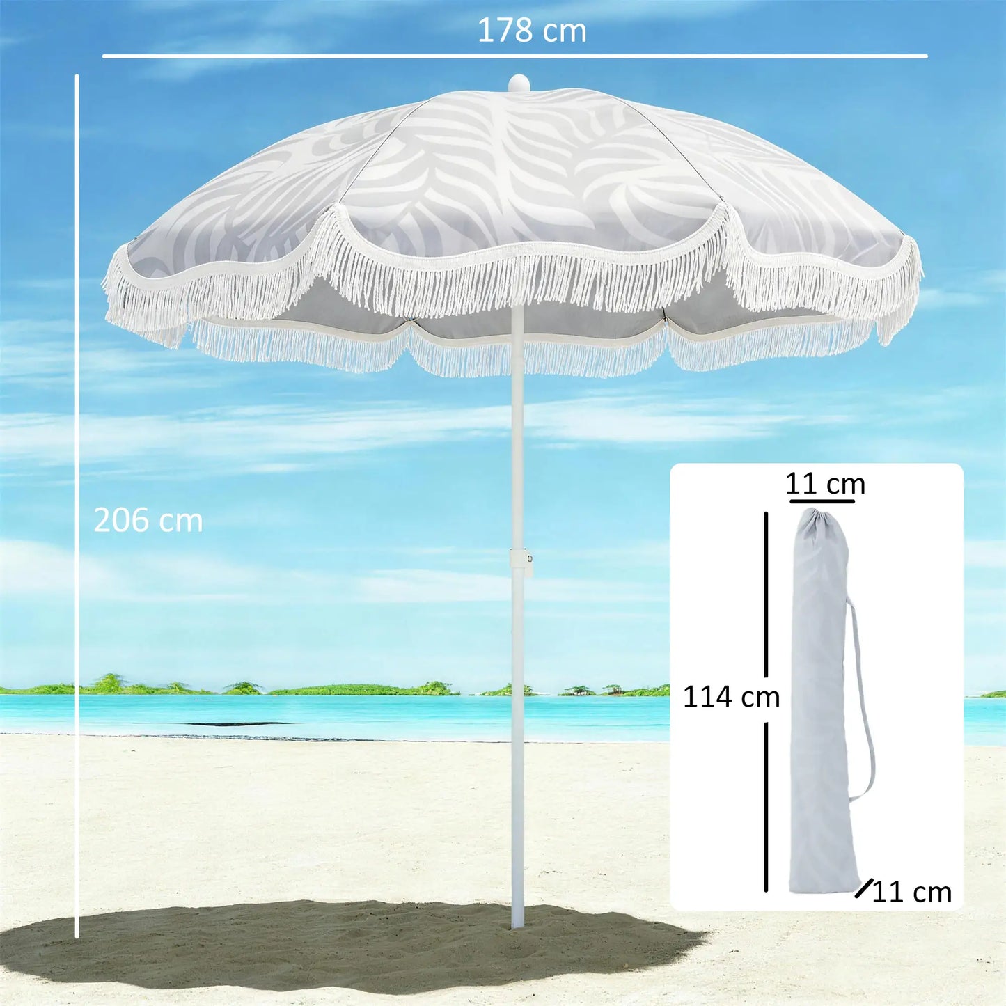 Outsunny Beach Umbrella Parasol with Sand Anchor, Portable Tilting Garden Parasol with Adjustable Height, Light Grey