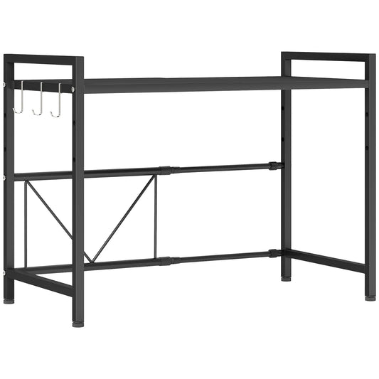 HOMCOM Kitchen Expandable Microwave Oven Rack Counter Organiser with 3 Hooks - Black