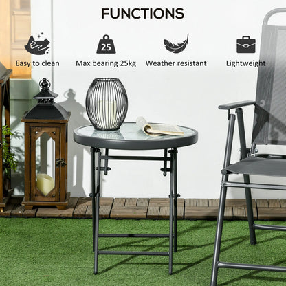 Outsunny Garden Small Coffee Side Table, Outdoor Round Folding Patio Table with Marble Glass Top, White