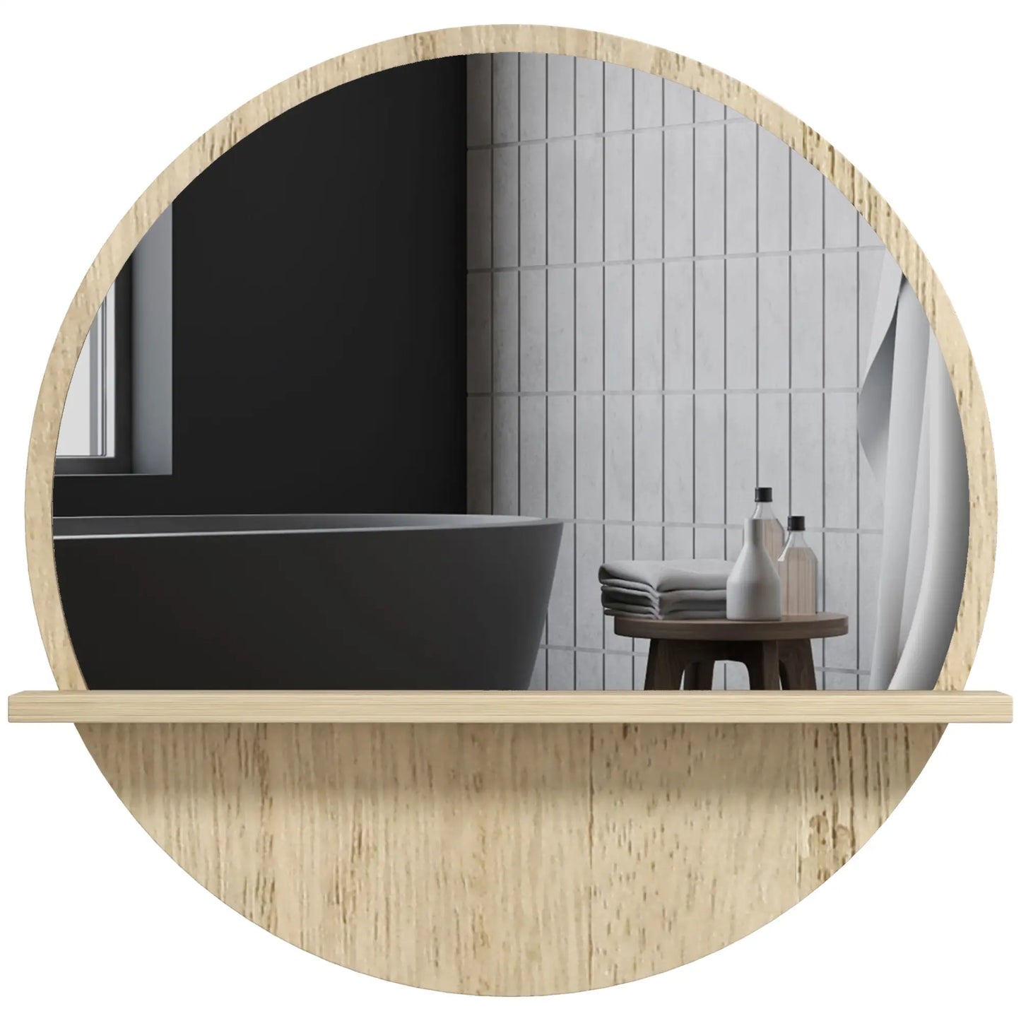 kleankin 45cm Round Home Bathroom Mirror, with Shelf - Natural Wood Effect