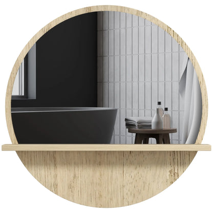 kleankin 45cm Round Home Bathroom Mirror, with Shelf - Natural Wood Effect