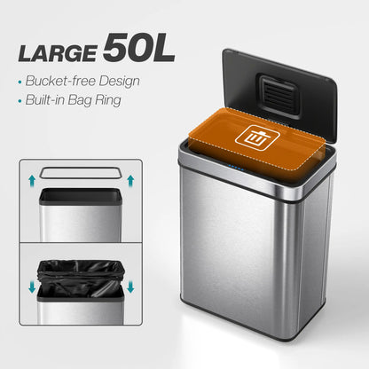 HOMCOM 50L Sensor Can, Sensor Bin with Soft-Close Lid, Fingerprint-Proof Stainless Steel, Silver Tone