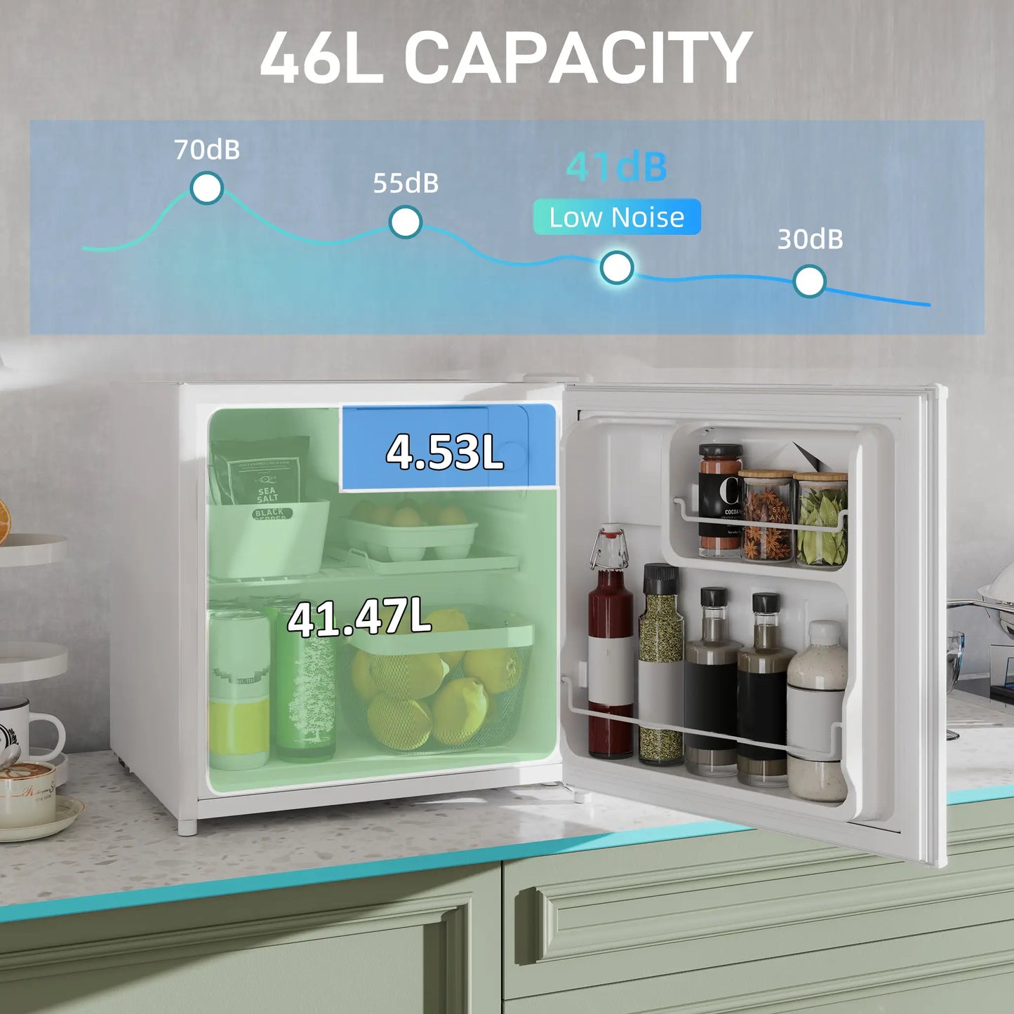 HOMCOM 46 Litre Table Top Mini Fridge, Small Fridge with Ice Box, Reversible Door, Adjustable Temperature, Cream